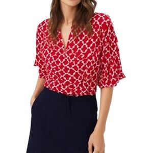 Escapada Red Ruffled Sleeve White Lattice V Neck Top